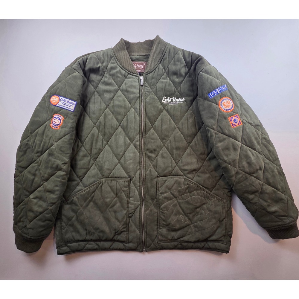 Ecko Unltd Men XL Olive Green Quilted  Bomber Jacket Rhino Patches